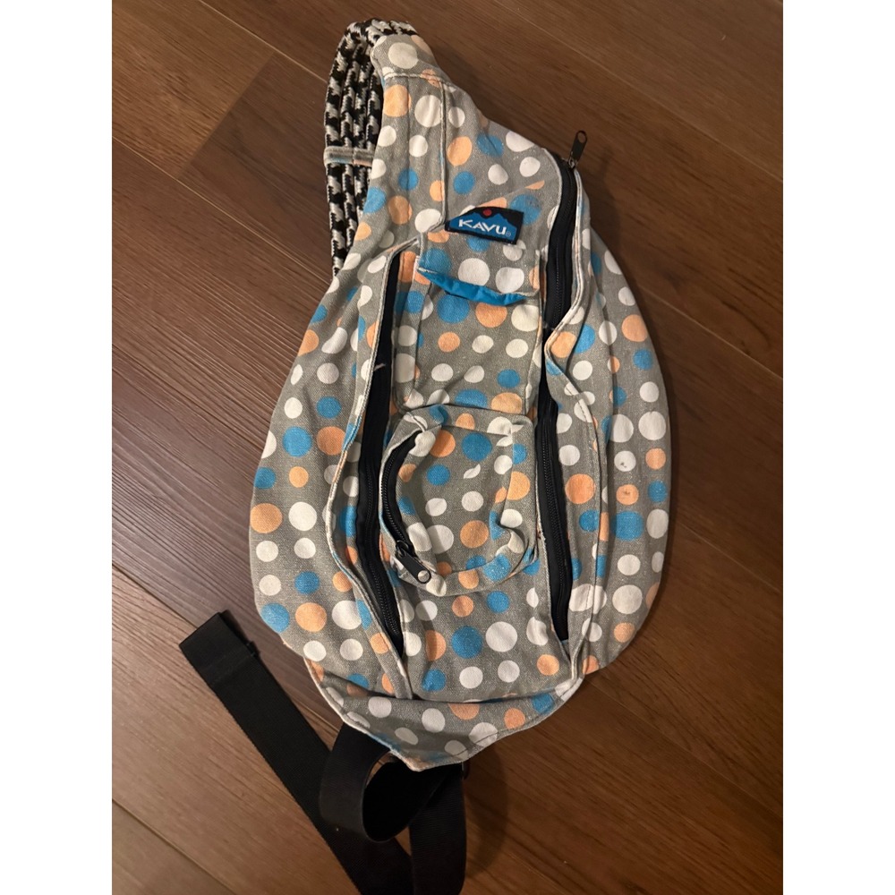 KAVU Rope Bag Sling Backpack Gray Polka Dot Canvas Adjustable Strap Hiking
